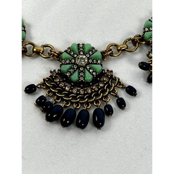 Vintage Inspired J. Crew Bib Statement Necklace, Blue Teal Flowers & Rhinestones - Picture 5 of 9